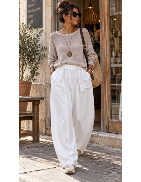 Pantalón Flor Blanco de Pata Globo