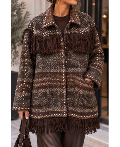 Chaqueta de Paño de Cuadros con Flecos y Tachas Plateadas...
