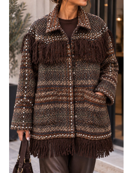Chaqueta de Paño de Cuadros con Flecos y Tachas Plateadas marrón