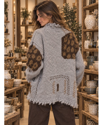 🧶 Chaqueta de Punto Combinada con Flecos y Estampados Gris🤎✨ 2