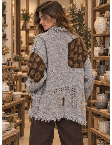 🧶 Chaqueta de Punto Combinada con Flecos y...