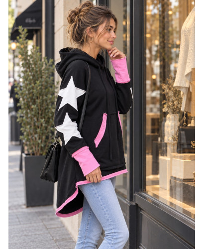 🖤 Sudadera Asimétrica Negra con Estrellas y Detalles Rosa