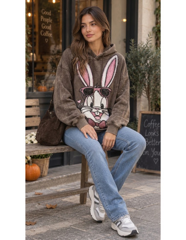 🐰 Sudadera Marrón Efecto Lavado con Conejo de...