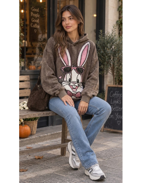 🐰 Sudadera Marrón Efecto Lavado con Conejo de Lentejuelas