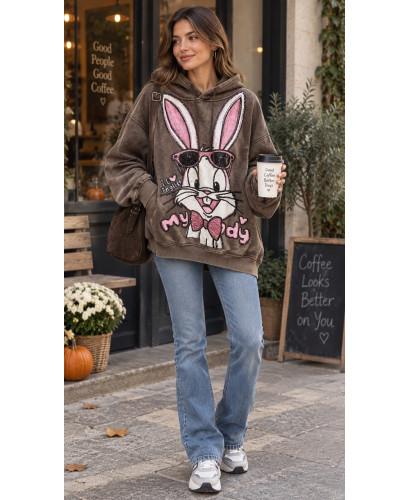 🐰 Sudadera Marrón Efecto Lavado con Conejo de Lentejuelas