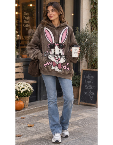 🐰 Sudadera Marrón Efecto Lavado con Conejo de...