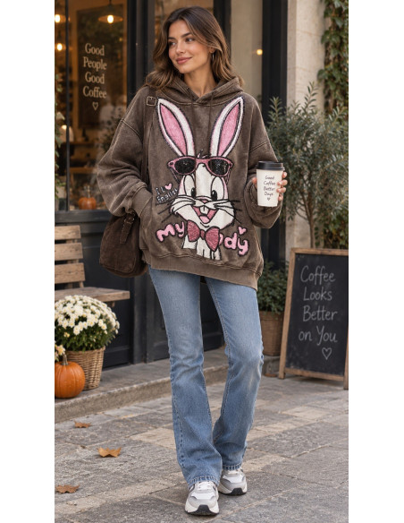 🐰 Sudadera Marrón Efecto Lavado con Conejo de Lentejuelas