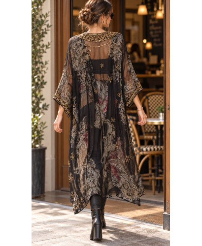 Kimono India Negro de Gasa Bordado con Cuentas Doradas 2