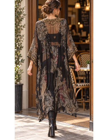 Kimono India Negro de Gasa Bordado con Cuentas...