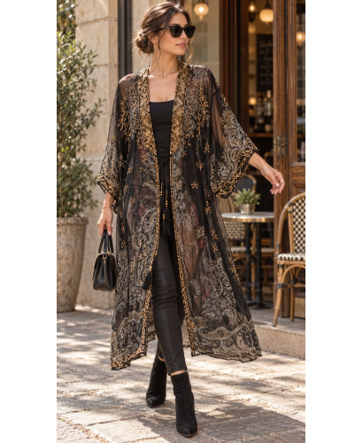 Kimono India Negro de Gasa Bordado con Cuentas Doradas