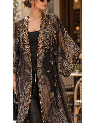 Kimono India Negro de Gasa Bordado con Cuentas...