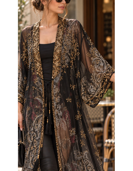 Kimono India Negro de Gasa Bordado con Cuentas Doradas