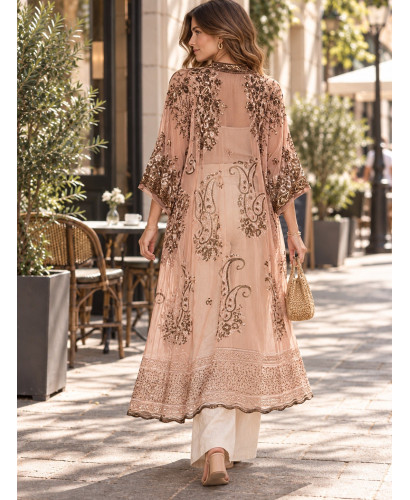 Kimono India Rosa de Gasa Bordado con Cuentas Doradas 2