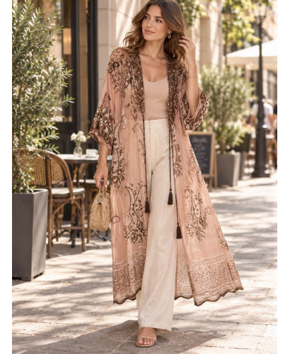 Kimono India Rosa de Gasa Bordado con Cuentas Doradas