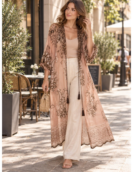 Kimono India Rosa de Gasa Bordado con Cuentas Doradas
