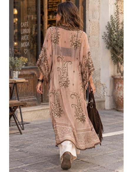 Kimono India Rosa de Gasa Bordado con Cuentas Doradas