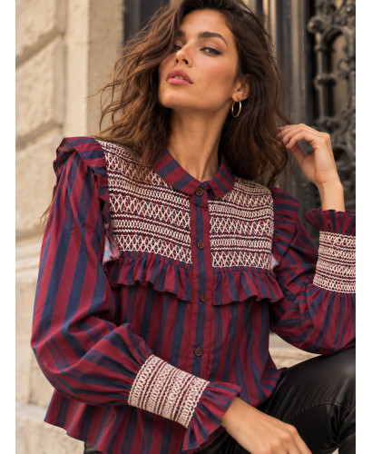 Camisa  Granate y Azul con Bordado Crudo