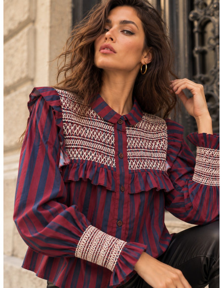 Camisa  Granate y Azul con Bordado Crudo