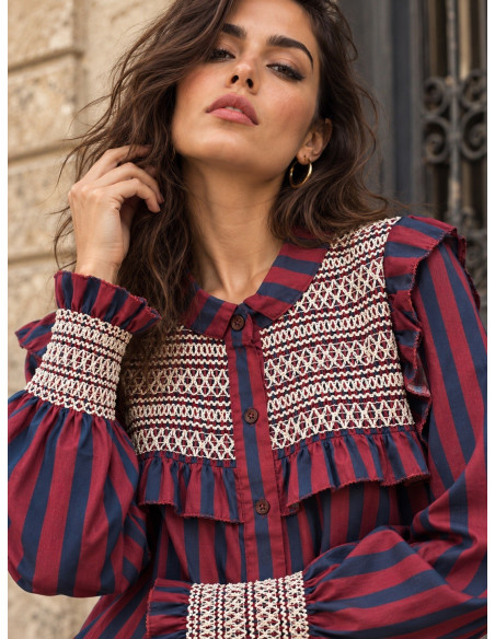 Camisa  Granate y Azul con Bordado Crudo