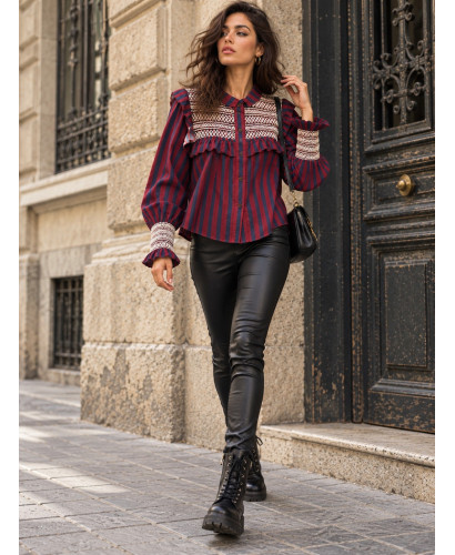 Camisa  Granate y Azul con Bordado Crudo 2