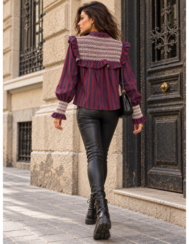 Camisa  Granate y Azul con Bordado Crudo