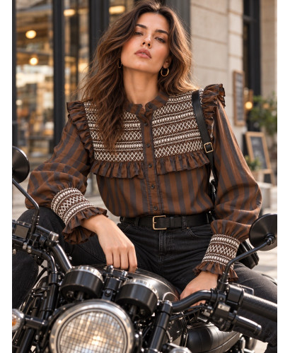 Camisa  chocolate y negro con Bordado Crudo
