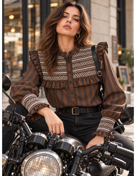 Camisa  chocolate y negro con Bordado Crudo