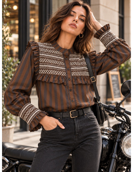 Camisa  chocolate y negro con Bordado Crudo