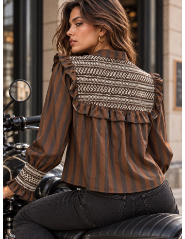 Camisa  chocolate y negro con Bordado Crudo