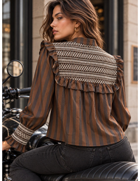 Camisa  chocolate y negro con Bordado Crudo