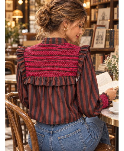 Camisa  rayas marrones con Bordado rosa 2