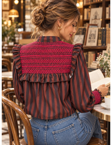 Camisa  rayas marrones con Bordado rosa