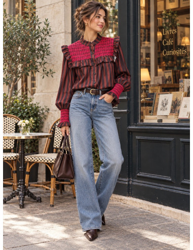 Camisa  rayas marrones con Bordado rosa