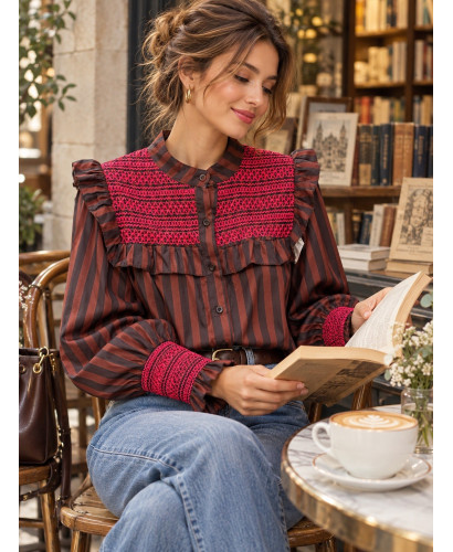 Camisa  rayas marrones con Bordado rosa