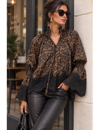🐆 Blusa Animal Print con Blonda Negra