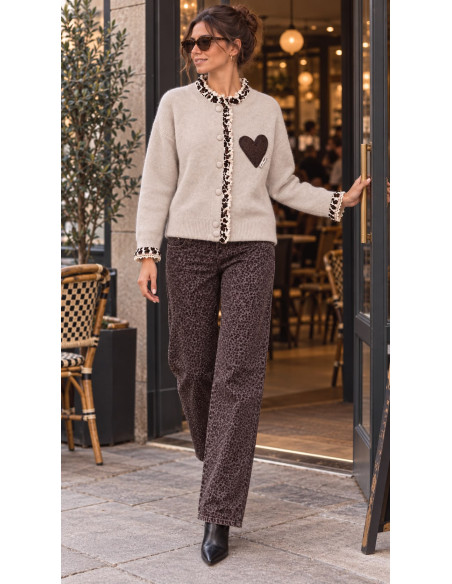 🤎 Chaqueta de Punto con Volantes Animal Print y Corazón