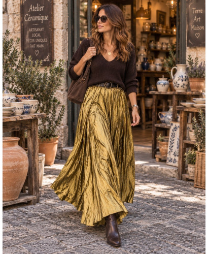 Falda Verona mostaza Metalizada Efecto Arrugado con...