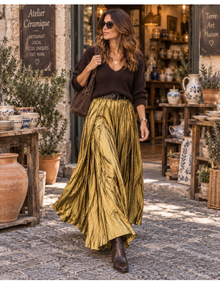 Falda Verona mostaza Metalizada Efecto Arrugado con Cinturón ✨
