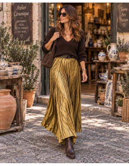 Falda Verona mostaza Metalizada Efecto Arrugado con Cinturón ✨
