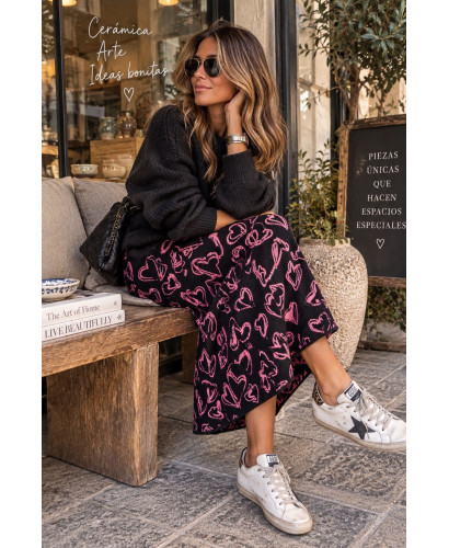 💖 Falda Midi Estampada con Corazones Rosa