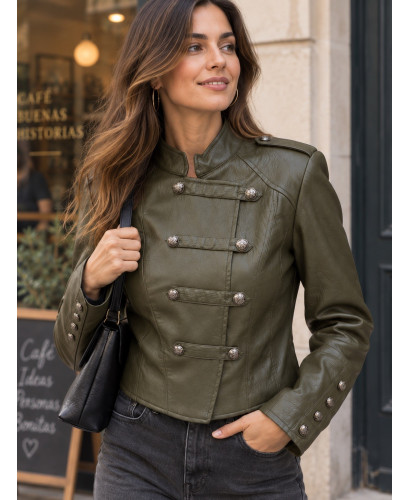 🫒 Biker Napoleónica Verde de Efecto Piel 2