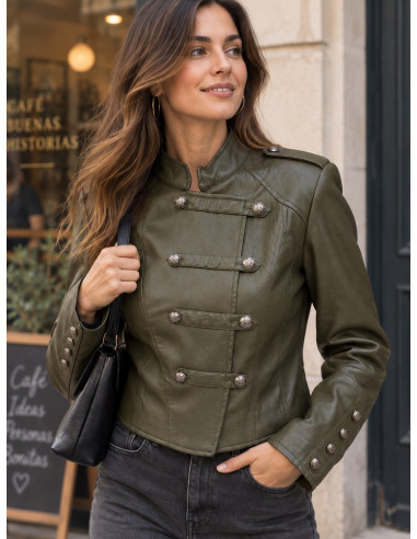 🫒 Biker Napoleónica Verde de Efecto Piel