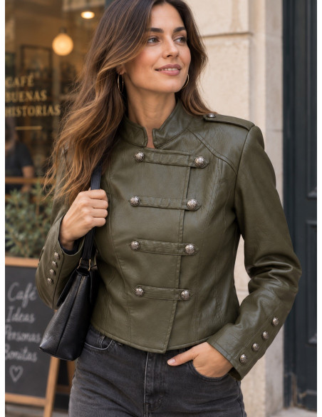 🫒 Biker Napoleónica Verde de Efecto Piel
