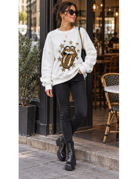Sudadera Blanca Rolling Animal Print con Interior de Pelito Polar