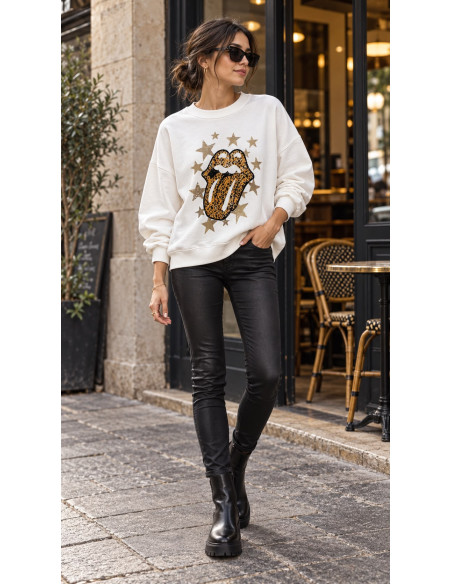Sudadera Blanca Rolling Animal Print con Interior de Pelito Polar