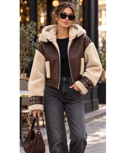 Chaqueta corta efecto piel chocolate con mangas y forro... 2