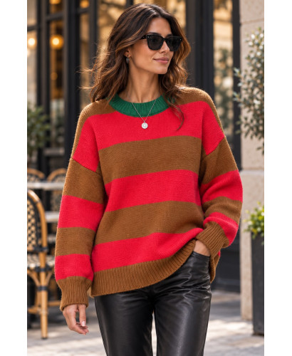 Suéter de Rayas Marrón y Rojo con Cuello Verde ❤️💚 2
