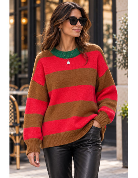 Suéter de Rayas Marrón y Rojo con Cuello Verde ❤️💚