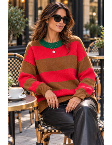 Suéter de Rayas Marrón y Rojo con Cuello Verde ❤️💚