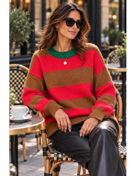 Suéter de Rayas Marrón y Rojo con Cuello Verde ❤️💚